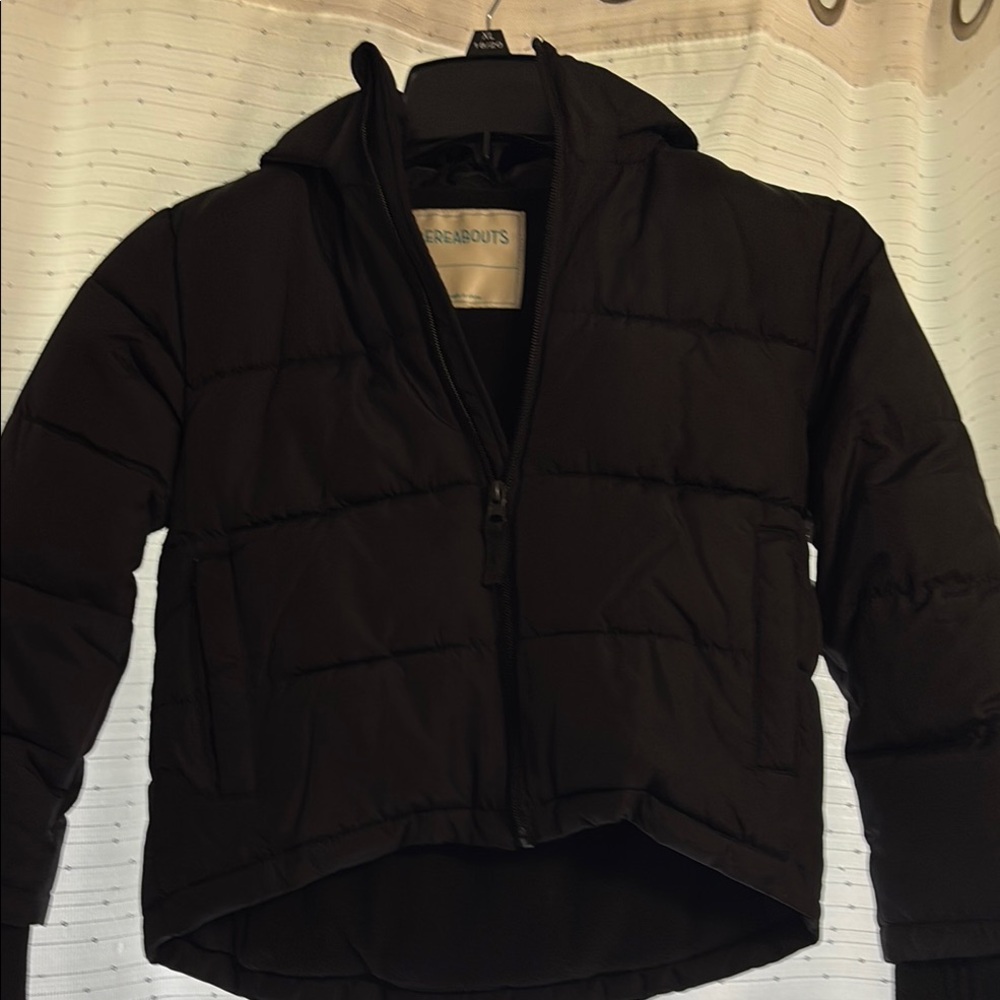 Black Puffer Jacket with Hood and Quilted Design